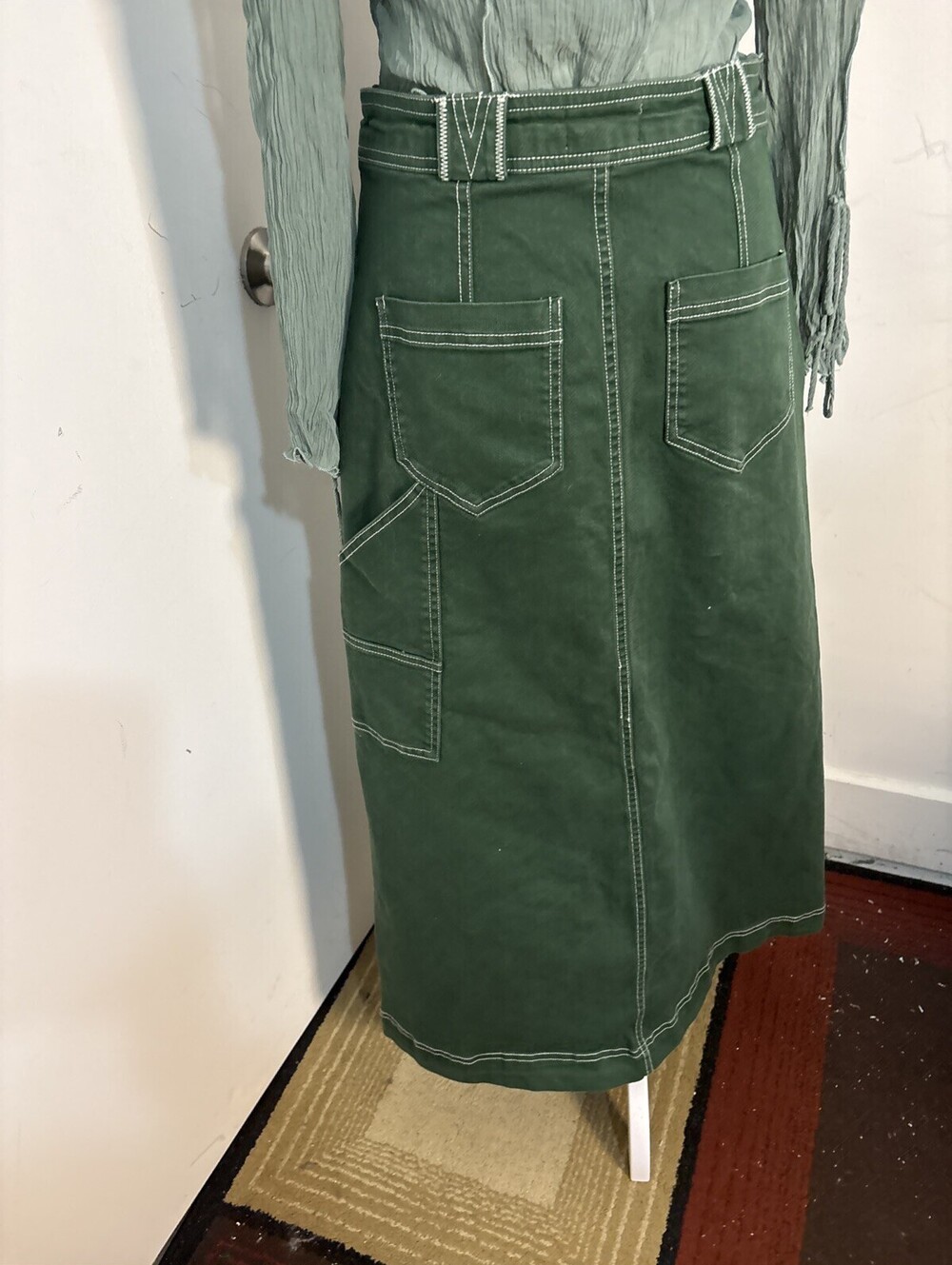 Anthropologie Pilcro Cargo Maxi Skirt Denim Pockets Front Slit Green Sz 6 NWOT - Picture 11 of 14